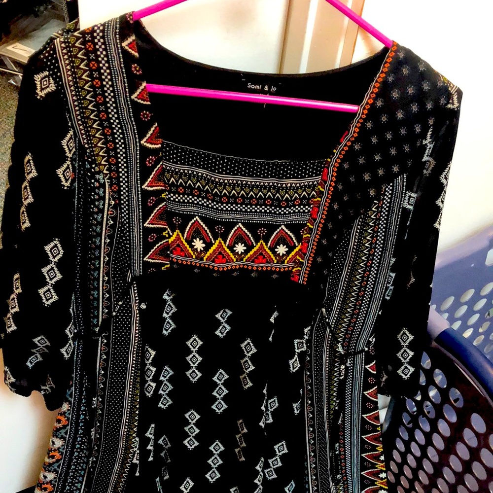 Sheer-Sleeved Tribal Pattern Mini Dress